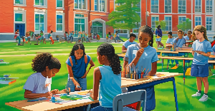 A lively school environment with students working on a robotics project, practicing sports, and painting, depicting a sense of creativity and teamwork.