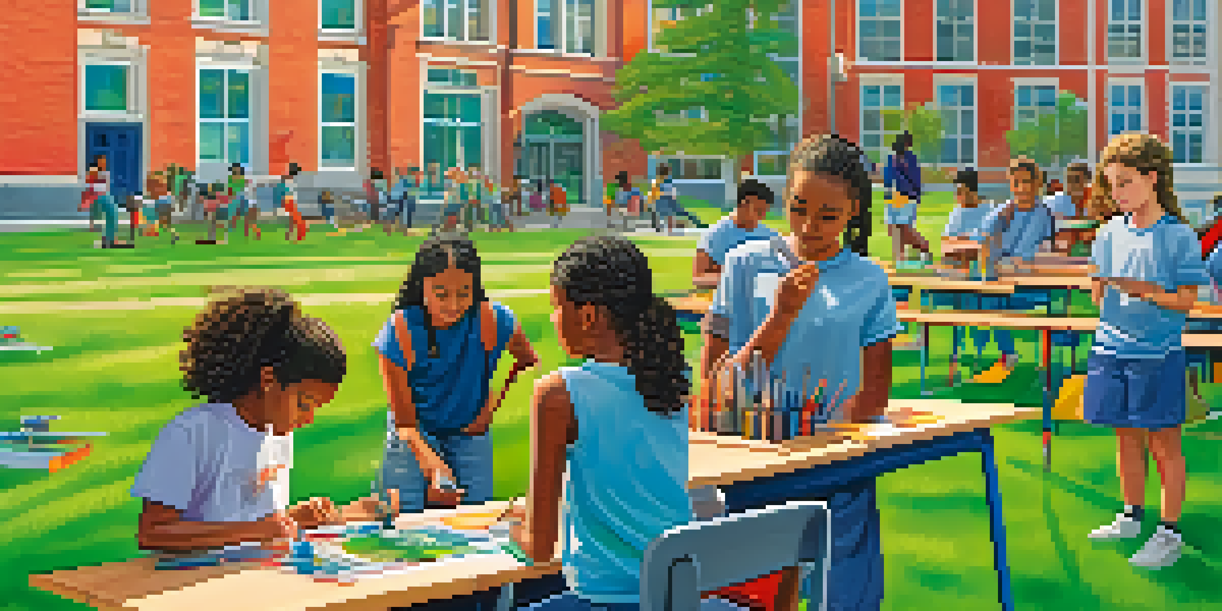 A lively school environment with students working on a robotics project, practicing sports, and painting, depicting a sense of creativity and teamwork.