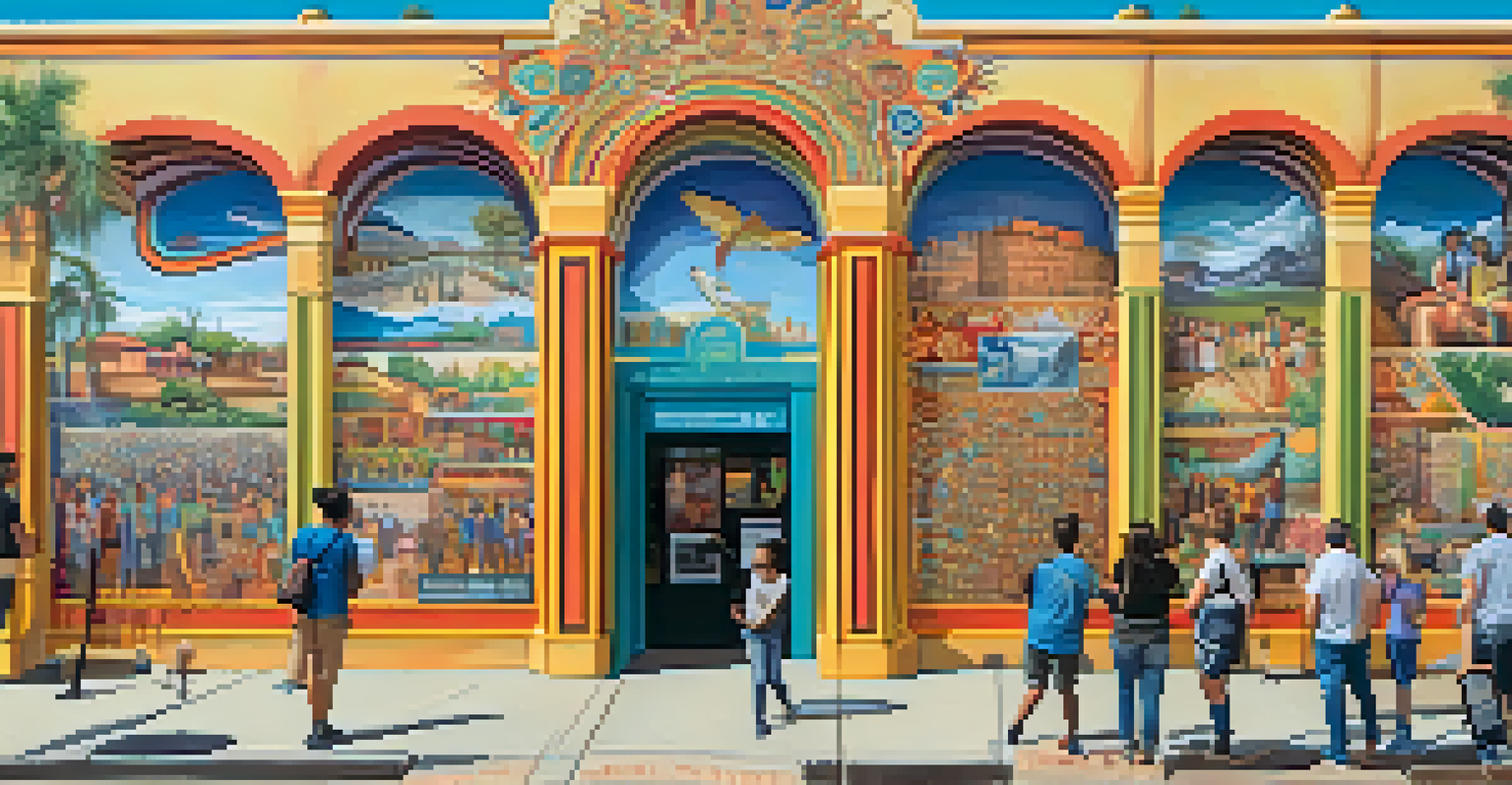 A colorful mural showcasing local culture in Phoenix, with individuals engaging with the artwork and scanning QR codes.