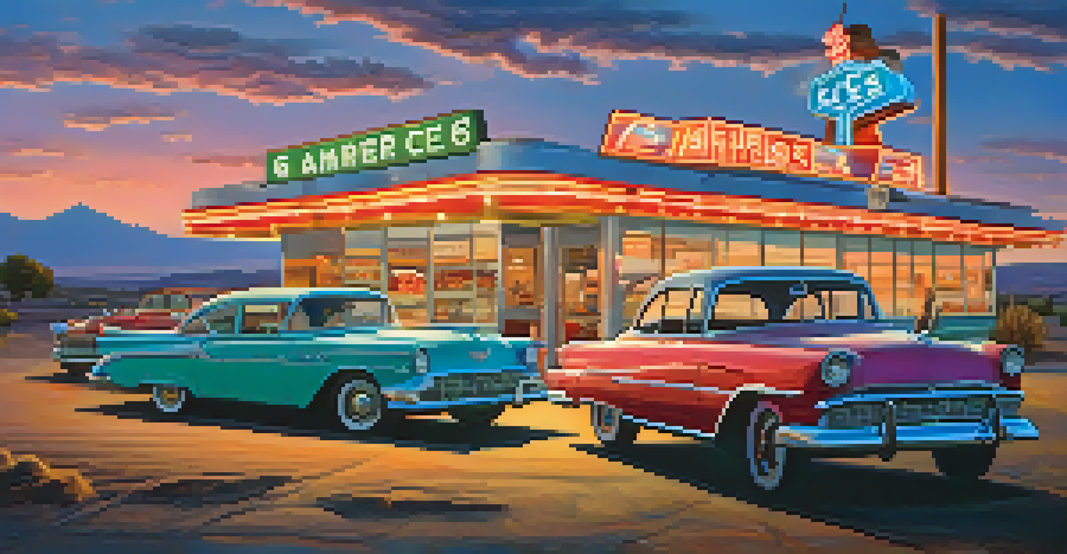 A nostalgic view of Route 66 with vintage diners and cars, set against a colorful sunset sky and expansive Arizona landscape.