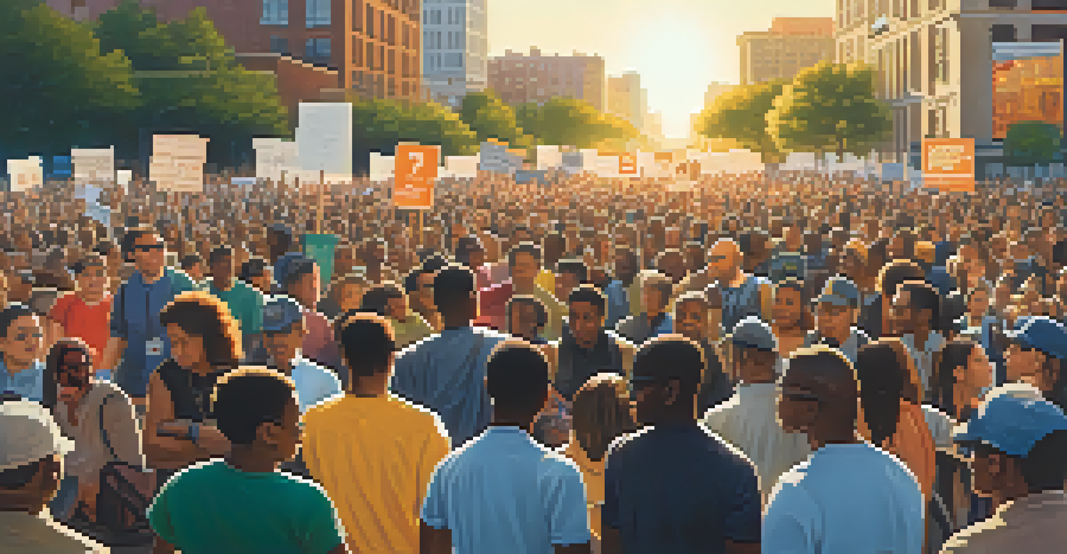 A rally for public transportation improvements with enthusiastic individuals holding signs in an urban setting during golden hour.