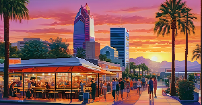 A panoramic view of Phoenix's skyline during sunset with colorful reflections and a lively street scene.