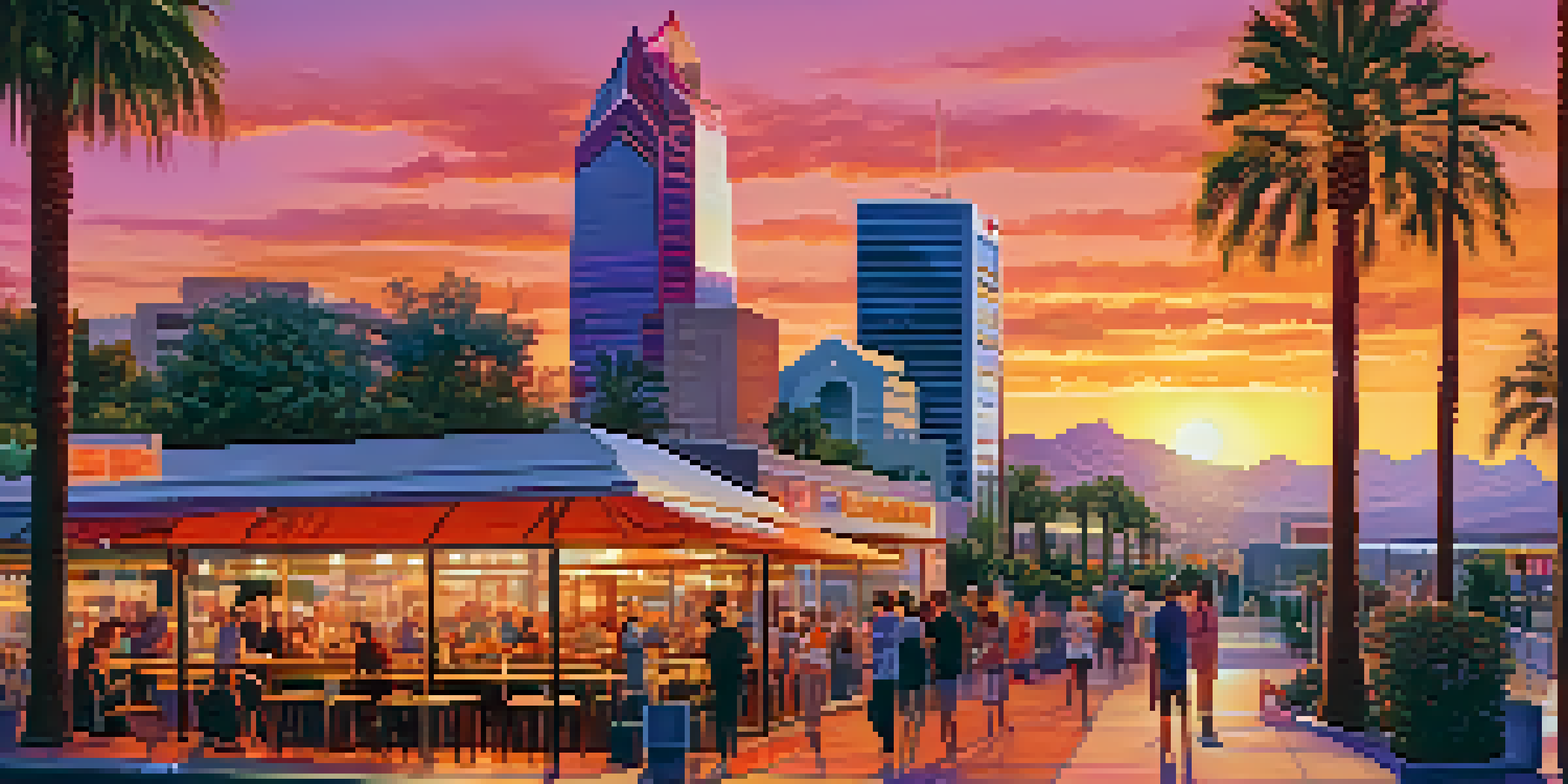 A panoramic view of Phoenix's skyline during sunset with colorful reflections and a lively street scene.