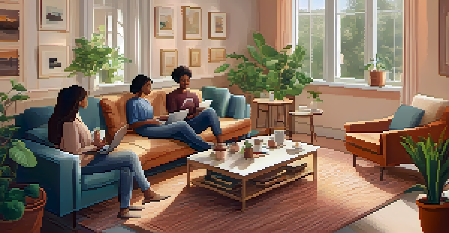 A person participating in a virtual support group meeting from a cozy living room, with a laptop and a warm atmosphere.