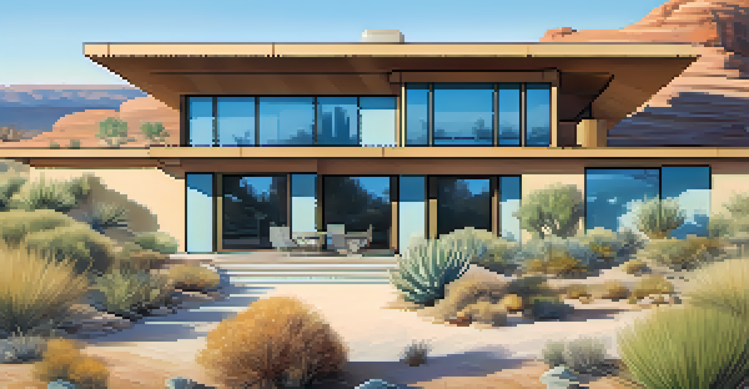 A close-up of a sustainable contemporary desert home with solar panels and a green roof, surrounded by native plants.