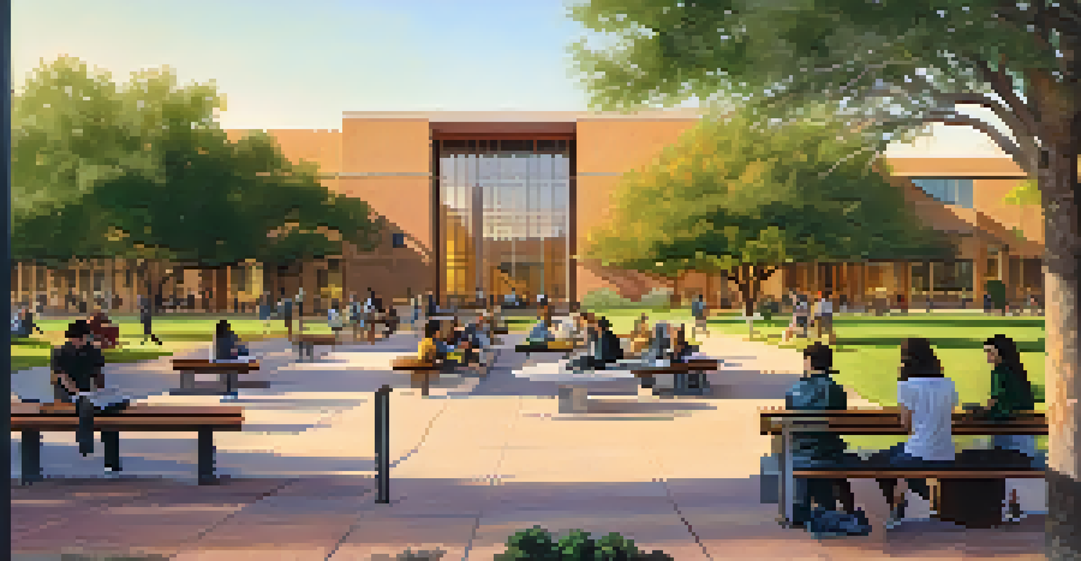 Arizona State University campus with modern buildings and green spaces, students discussing and reading as the sun sets, creating a warm atmosphere.