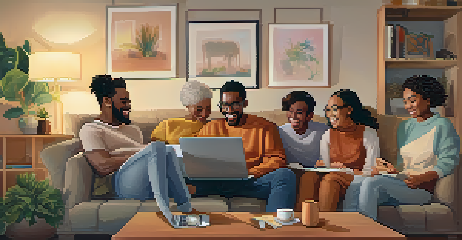 A group of people in a cozy living room participating in a virtual support group, fostering a sense of community and connection.