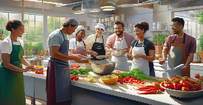 A lively cooking class in Phoenix with participants chopping vegetables and enjoying the cooking process, surrounded by fresh ingredients and sunlight.