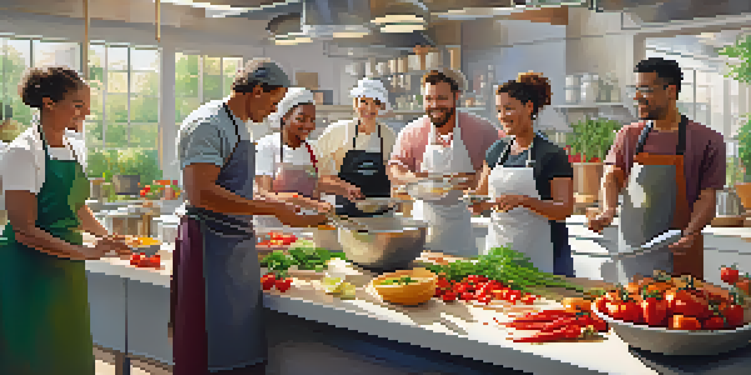 A lively cooking class in Phoenix with participants chopping vegetables and enjoying the cooking process, surrounded by fresh ingredients and sunlight.