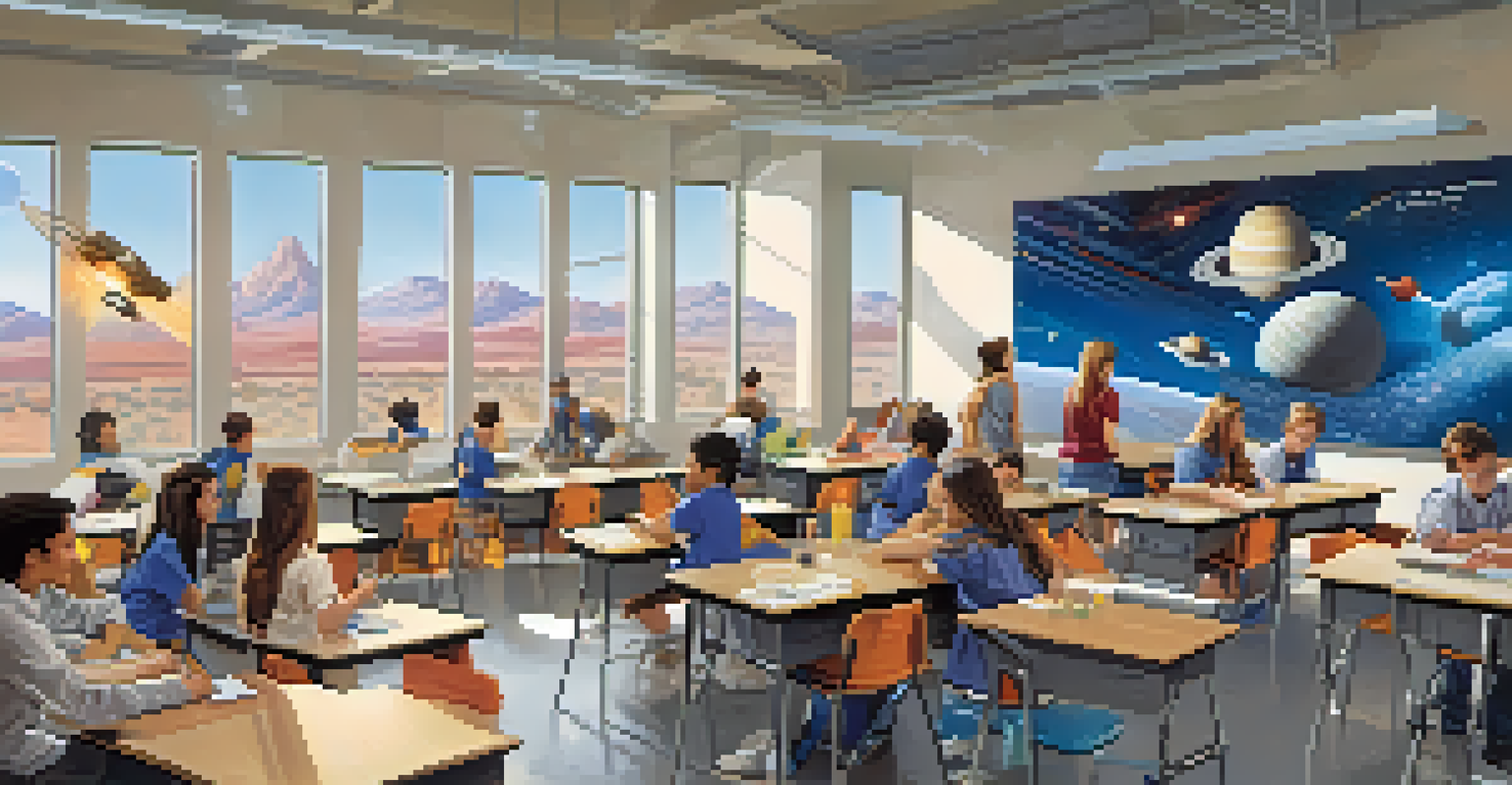 Students in a classroom at Arizona State University conducting space science experiments with bright posters on the walls.