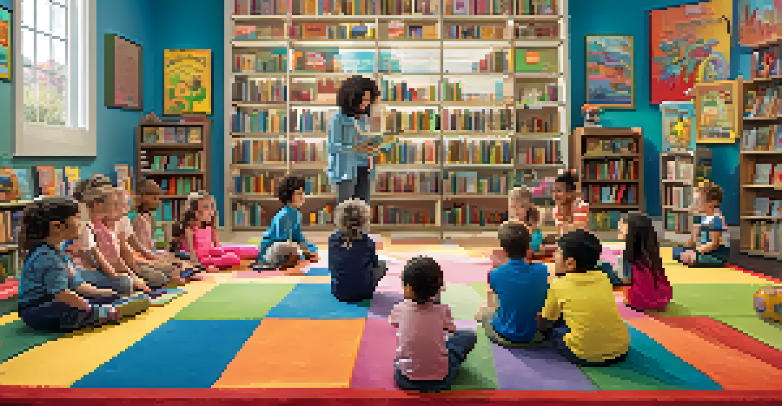 A storyteller reading to children in a colorful bookstore decorated with whimsical artwork.
