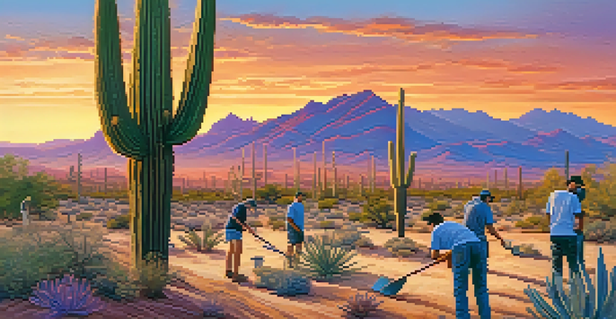 A sunset scene in the desert of Phoenix with volunteers planting trees amidst cacti and native plants.
