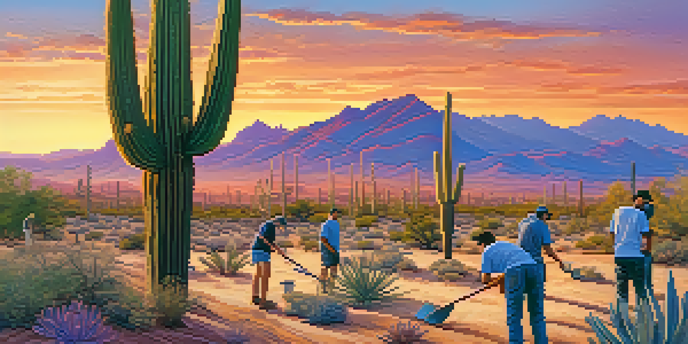 A sunset scene in the desert of Phoenix with volunteers planting trees amidst cacti and native plants.