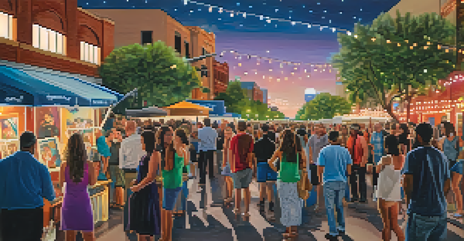 A lively street filled with local artists and colorful murals during the First Friday Art Walk in Phoenix.