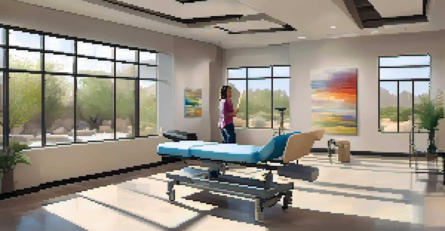 A rehabilitation therapy session in a modern facility in Phoenix, showing a patient receiving physical therapy in a calming environment.