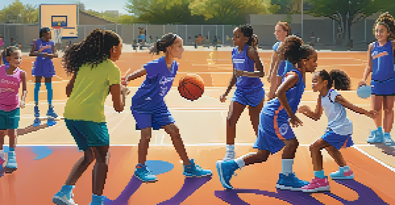 A community basketball clinic with Phoenix Mercury players teaching a diverse group of young girls dribbling skills, showcasing teamwork and encouragement.
