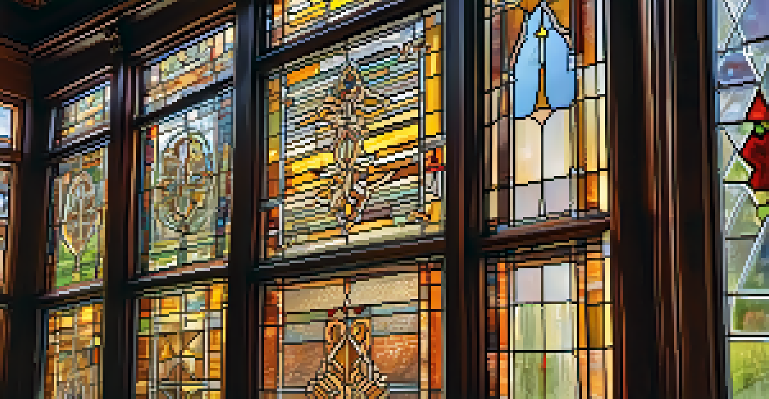A close-up of stained glass windows in the Rosson House, showing vibrant colors and intricate designs.