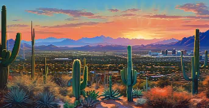 A beautiful sunset over Phoenix, Arizona, with mountains and city skyline, displaying warm colors and desert vegetation.