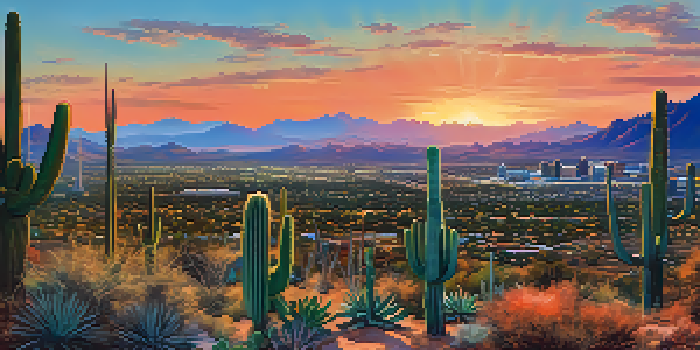 A beautiful sunset over Phoenix, Arizona, with mountains and city skyline, displaying warm colors and desert vegetation.
