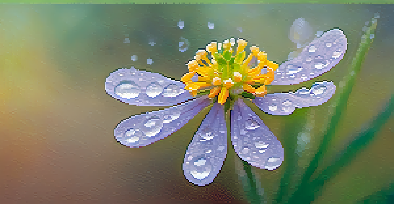 A close-up of a blooming desert wildflower with water droplets on its petals, set against a blurred green background.