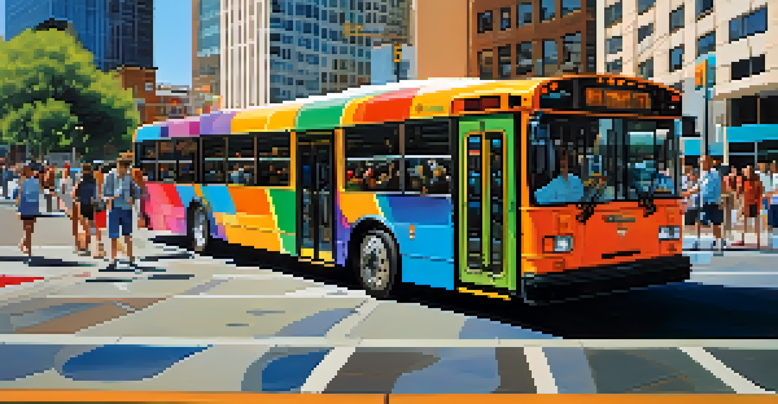 A colorful electric bus driving through a bustling urban area in Phoenix, with pedestrians and tall buildings in the background.