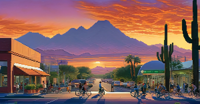 A colorful sunset view of Phoenix featuring bicycles, electric vehicles, and a bus stop with people, surrounded by desert plants.