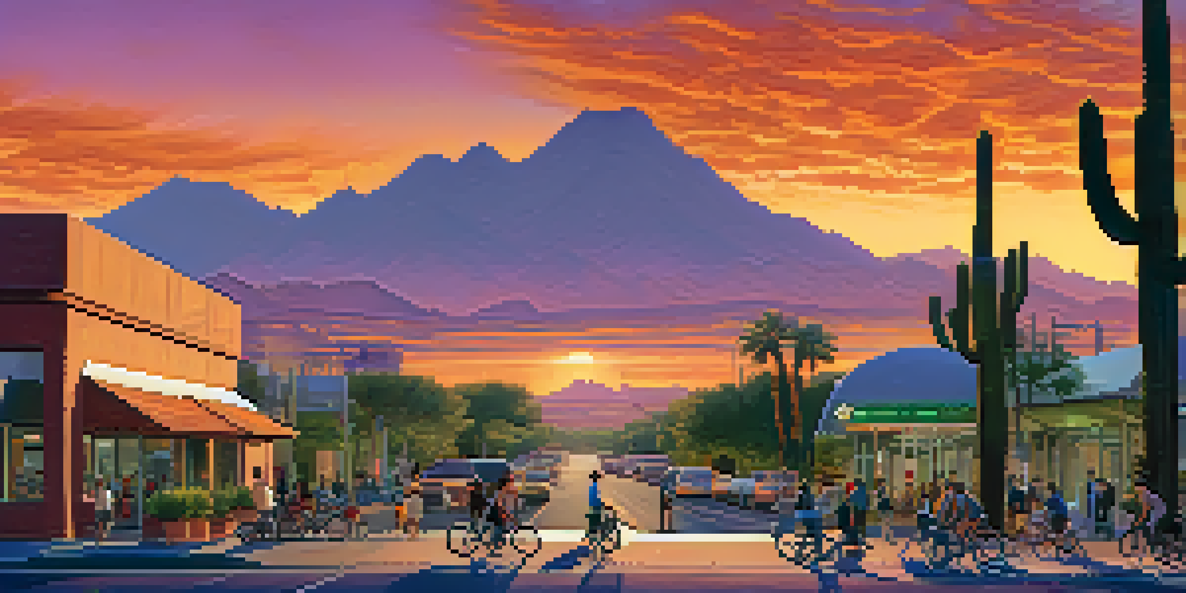 A colorful sunset view of Phoenix featuring bicycles, electric vehicles, and a bus stop with people, surrounded by desert plants.