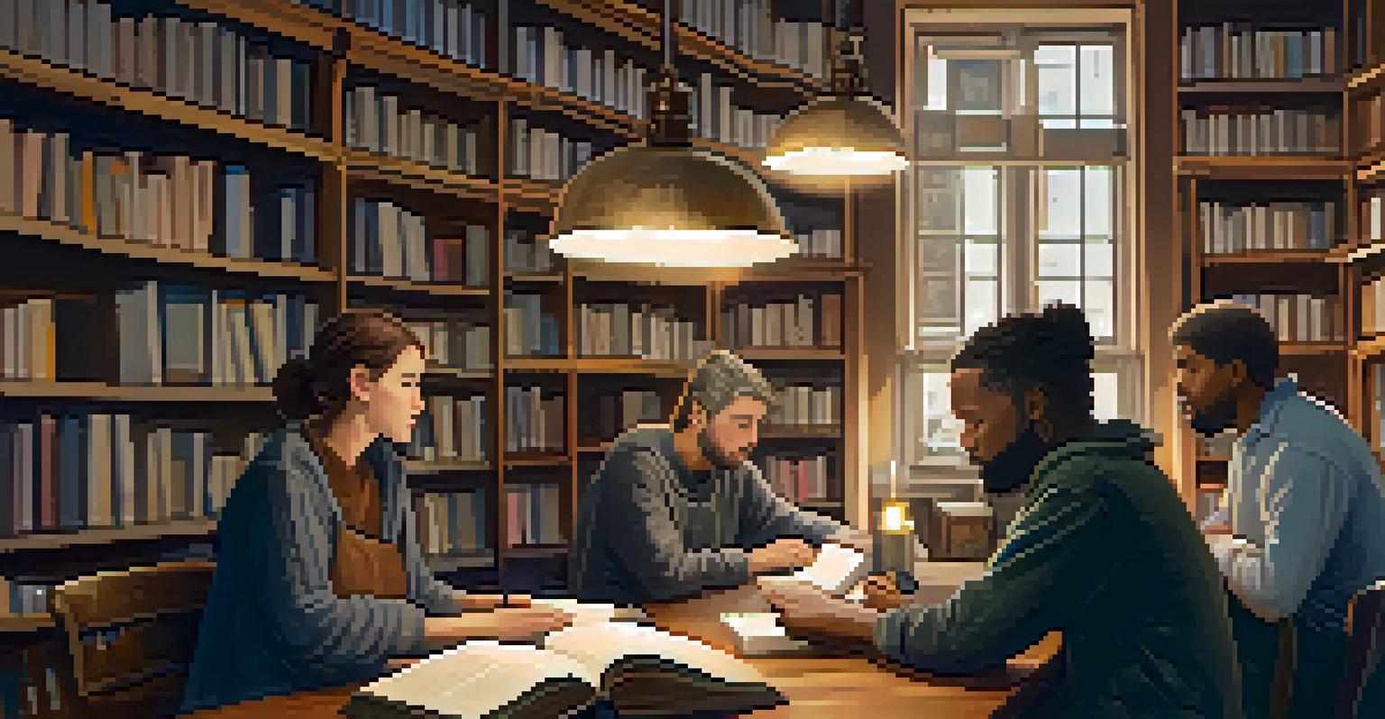 A cozy poetry workshop in a bookstore with poets gathered around a table sharing their work.