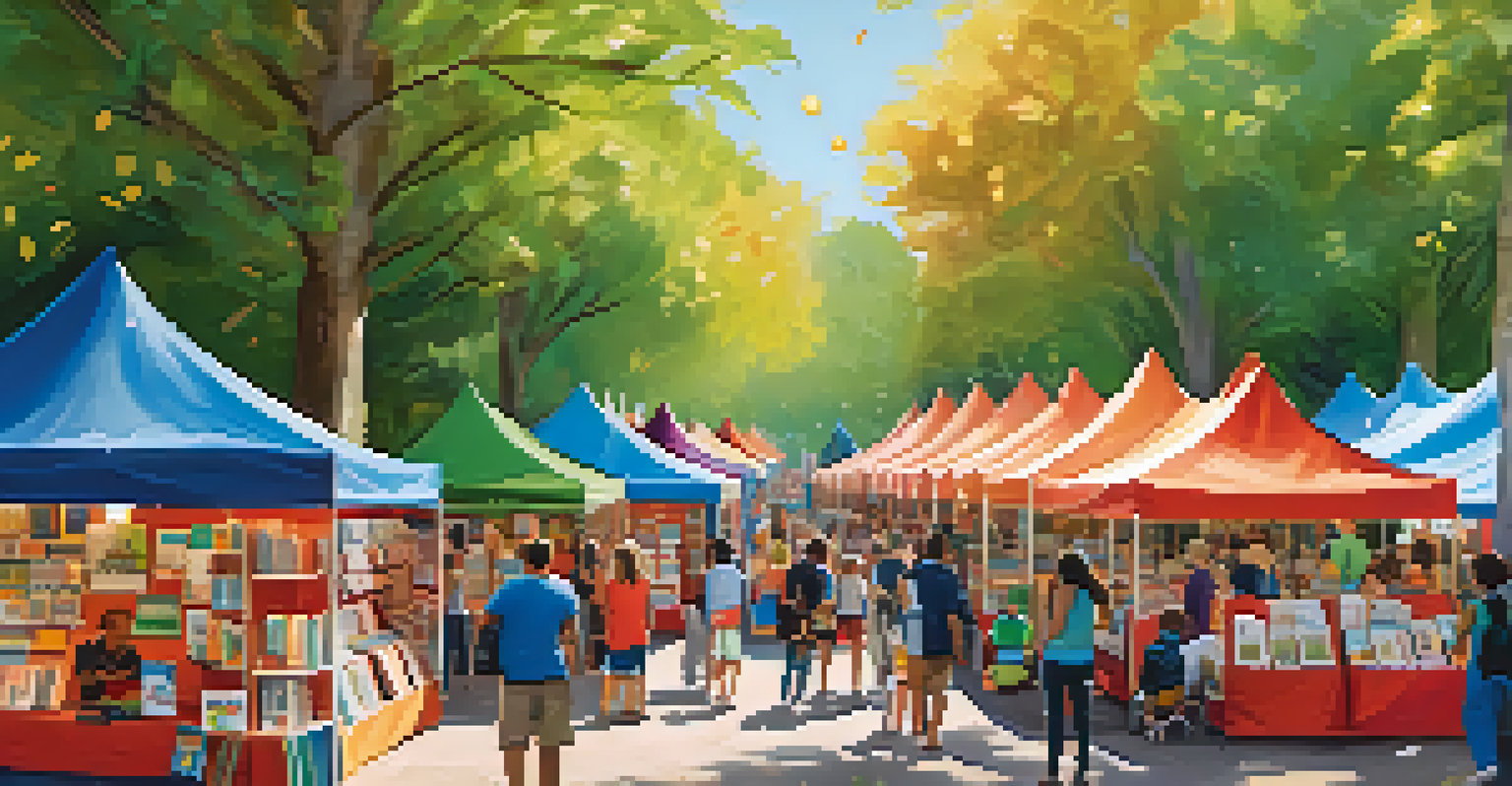 A lively outdoor book fair with colorful tents, families browsing books, and children participating in a storytime session led by an author.