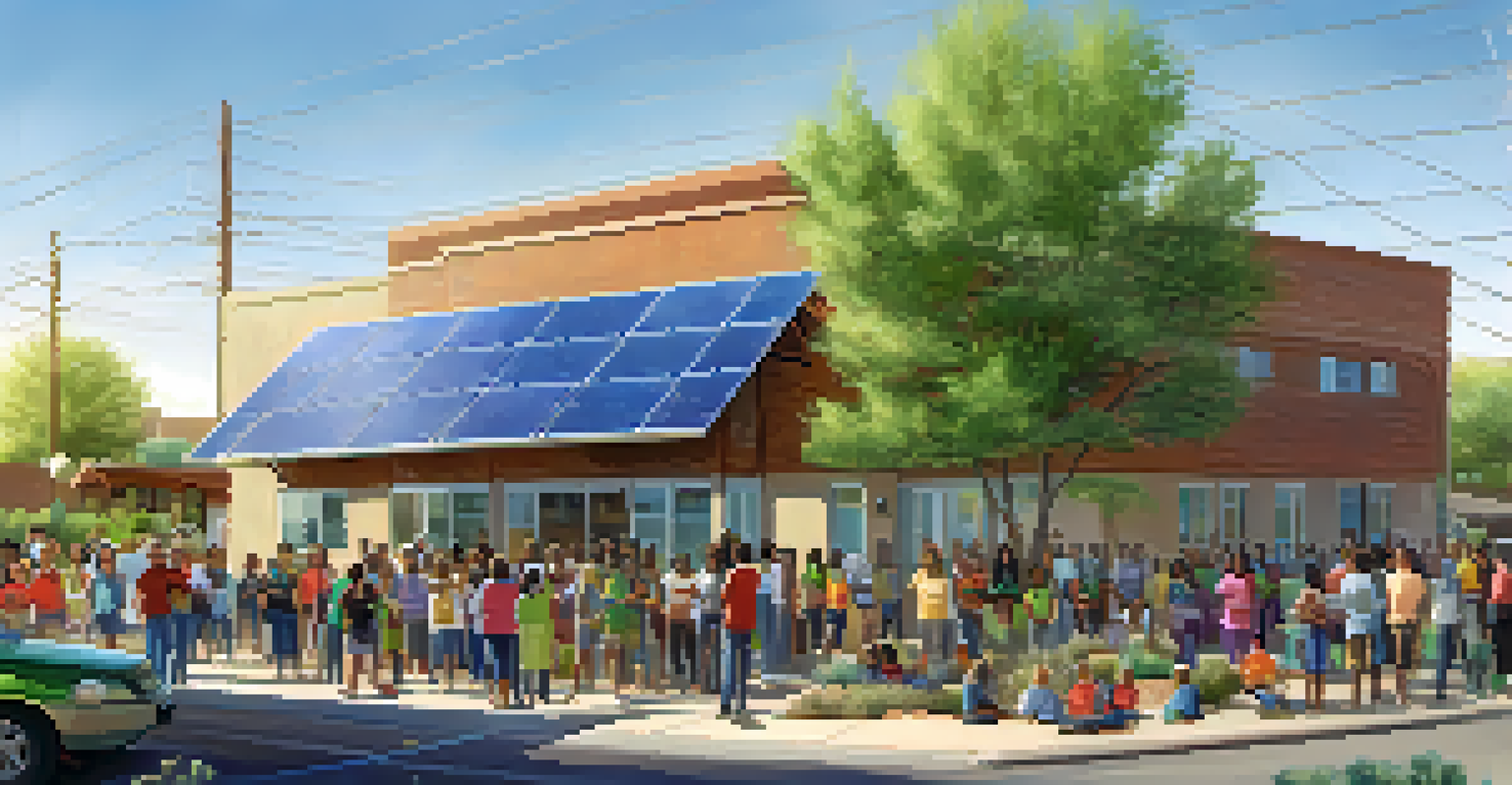 A community solar project in Phoenix, with residents engaged in discussion and a solar array on a building's roof, surrounded by greenery.