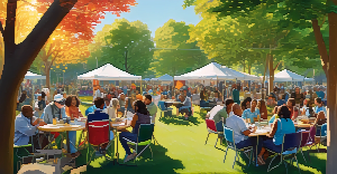 A lively community event in a park with diverse people discussing various social issues under the sunlight, surrounded by colorful banners and informational tables.