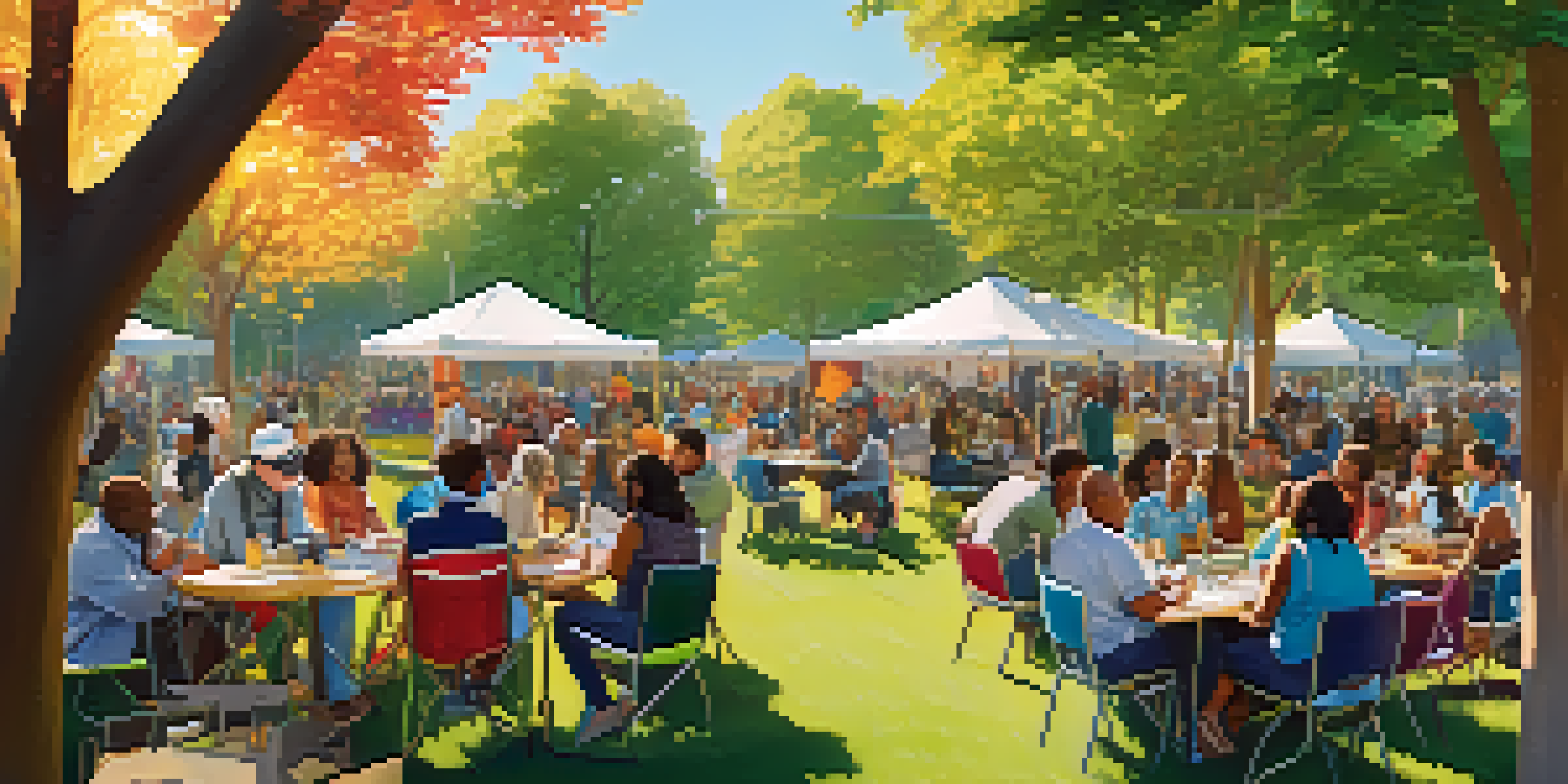 A lively community event in a park with diverse people discussing various social issues under the sunlight, surrounded by colorful banners and informational tables.