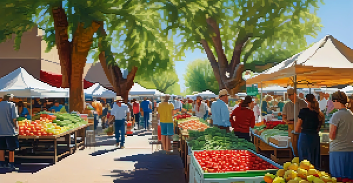 A lively farmers' market in Phoenix with colorful organic produce and people shopping under warm sunlight.