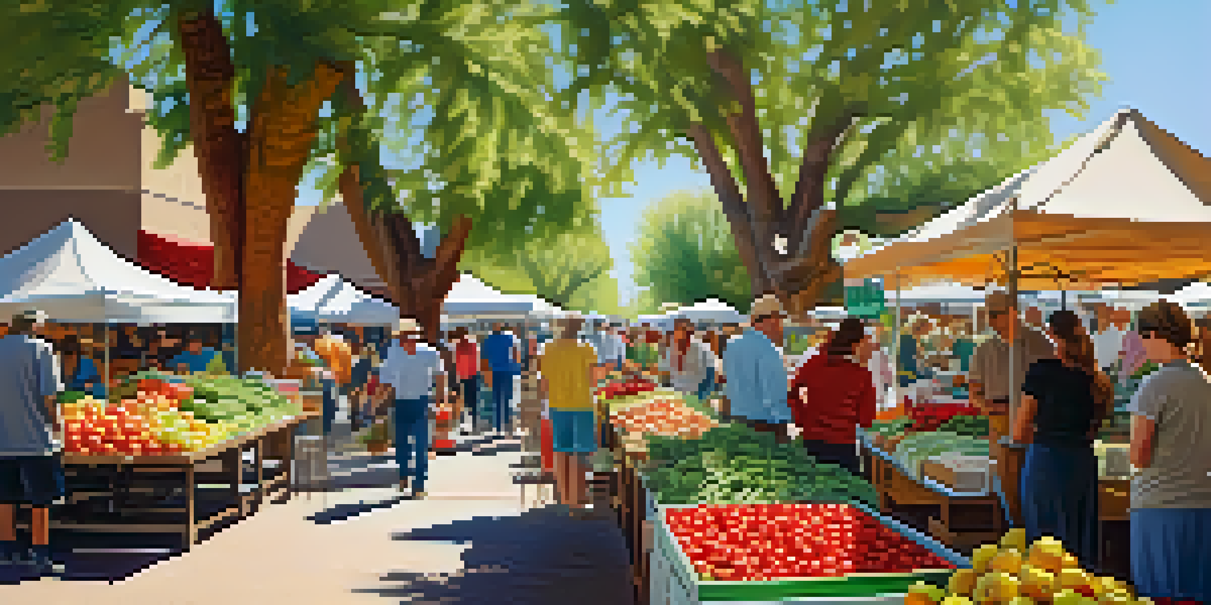 A lively farmers' market in Phoenix with colorful organic produce and people shopping under warm sunlight.
