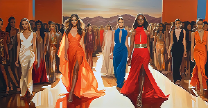 A runway scene from Phoenix Fashion Week featuring diverse models in colorful fashion designs with an attentive audience in the background.