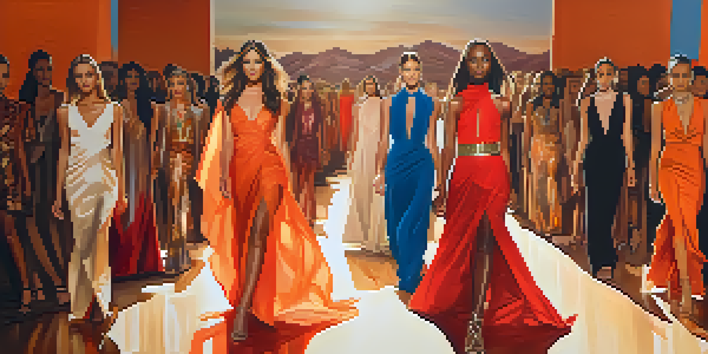 A runway scene from Phoenix Fashion Week featuring diverse models in colorful fashion designs with an attentive audience in the background.