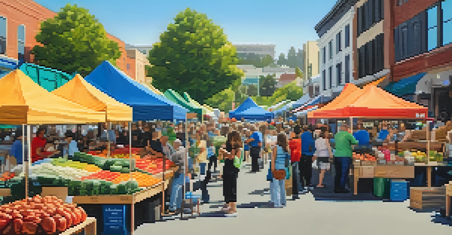A bustling farmers market in the Melrose District with colorful produce displays, cooking demonstrations, and people enjoying the local atmosphere.