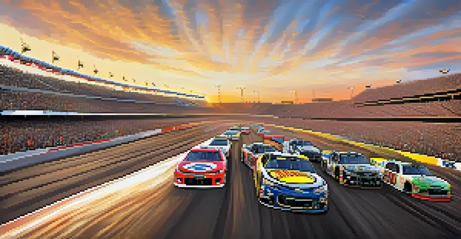 Race cars speeding around the track at Phoenix Raceway, with enthusiastic fans in the stands.