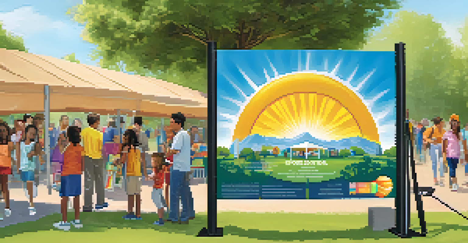 A community event in a park with families learning about solar energy at an information booth.