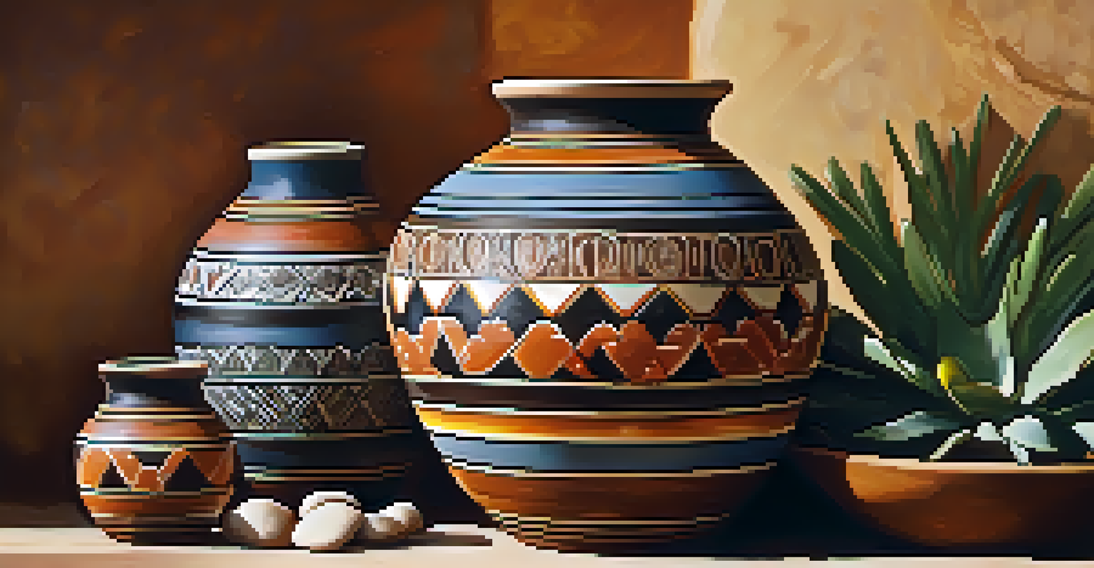 A close-up view of a Native American pottery piece, showcasing intricate designs and vibrant colors, surrounded by natural elements.