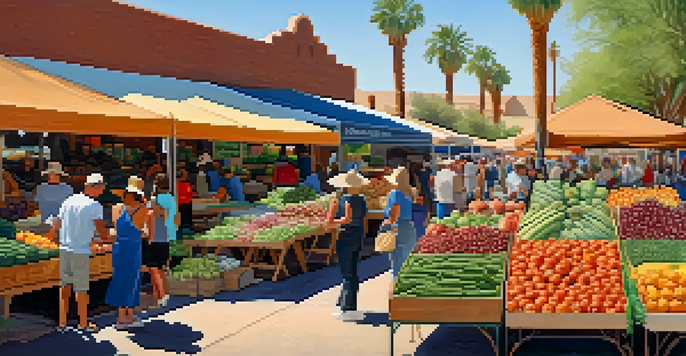 A lively farmers' market in Phoenix filled with colorful fruits, vegetables, and bustling customers enjoying the sunny day.