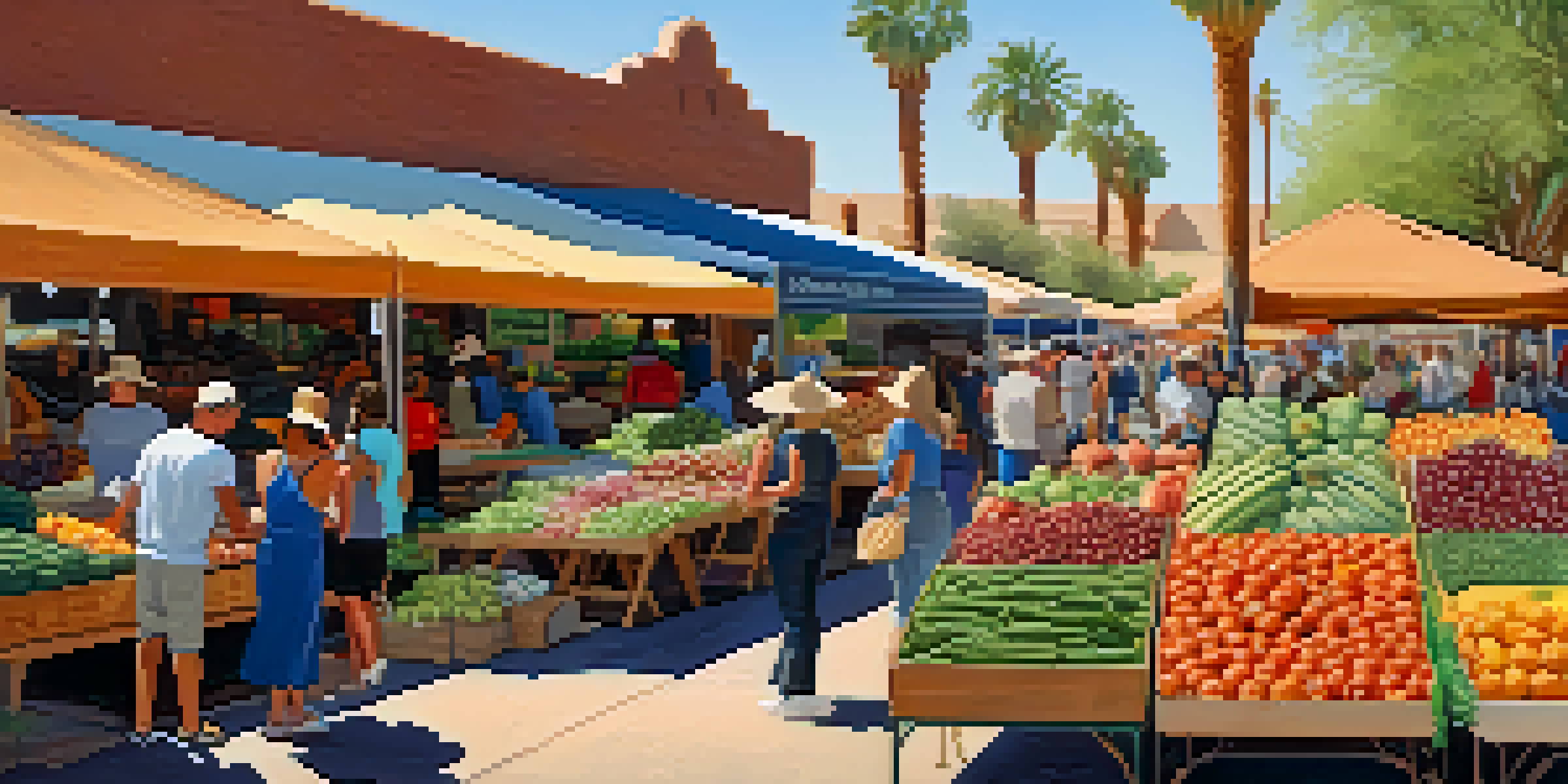A lively farmers' market in Phoenix filled with colorful fruits, vegetables, and bustling customers enjoying the sunny day.