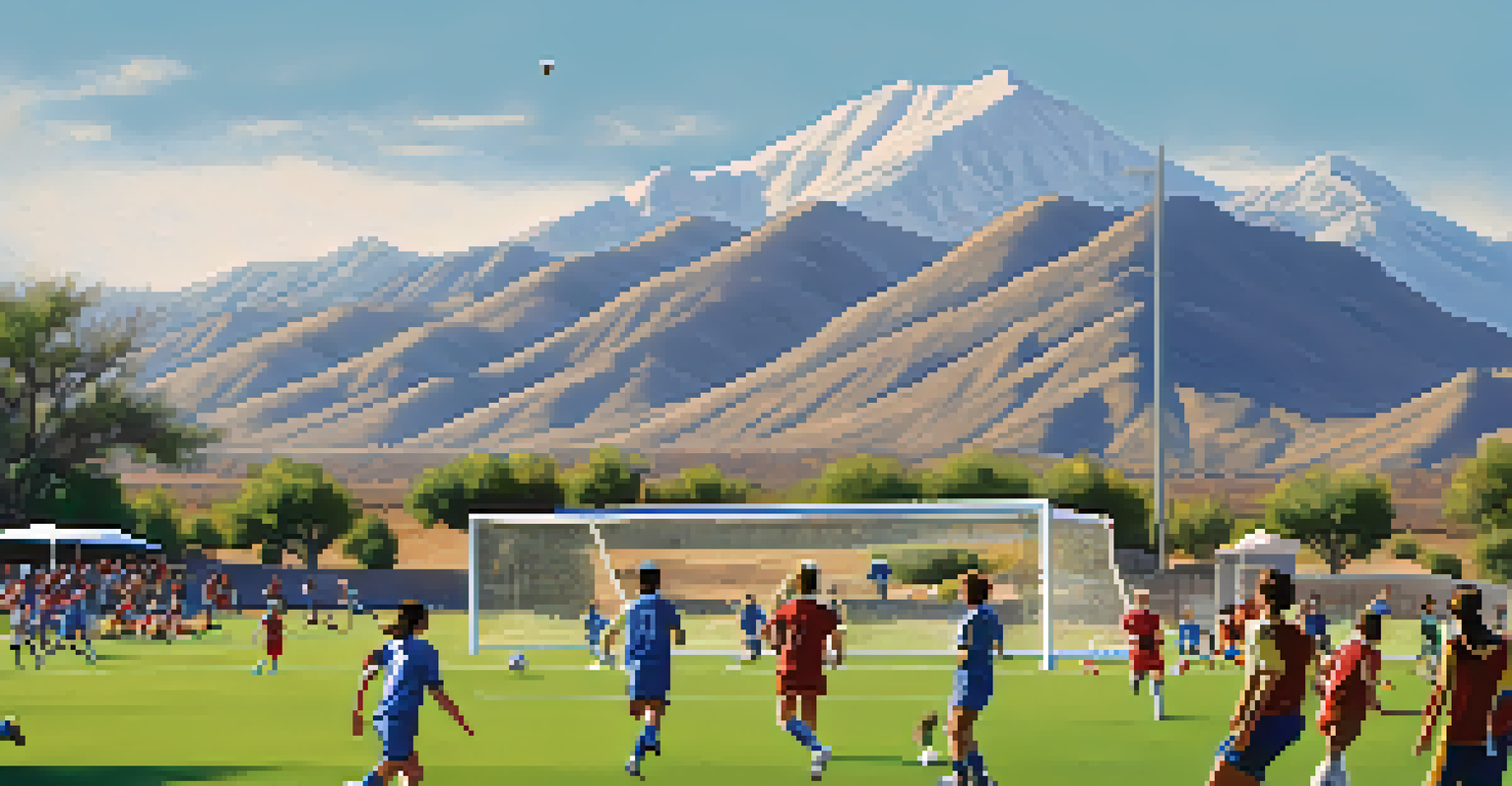 Soccer players in action at South Mountain Park with mountains in the background.