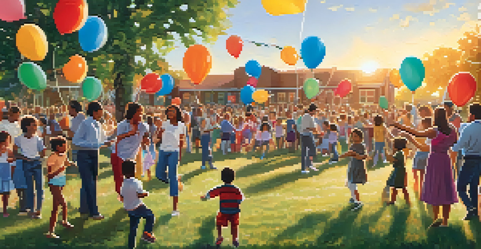 An outdoor school event with families celebrating together, filled with balloons, games, and a warm sunset backdrop.
