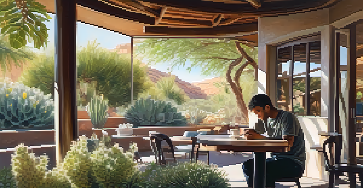 A person enjoying coffee in a desert botanical garden setting with blooming flowers.