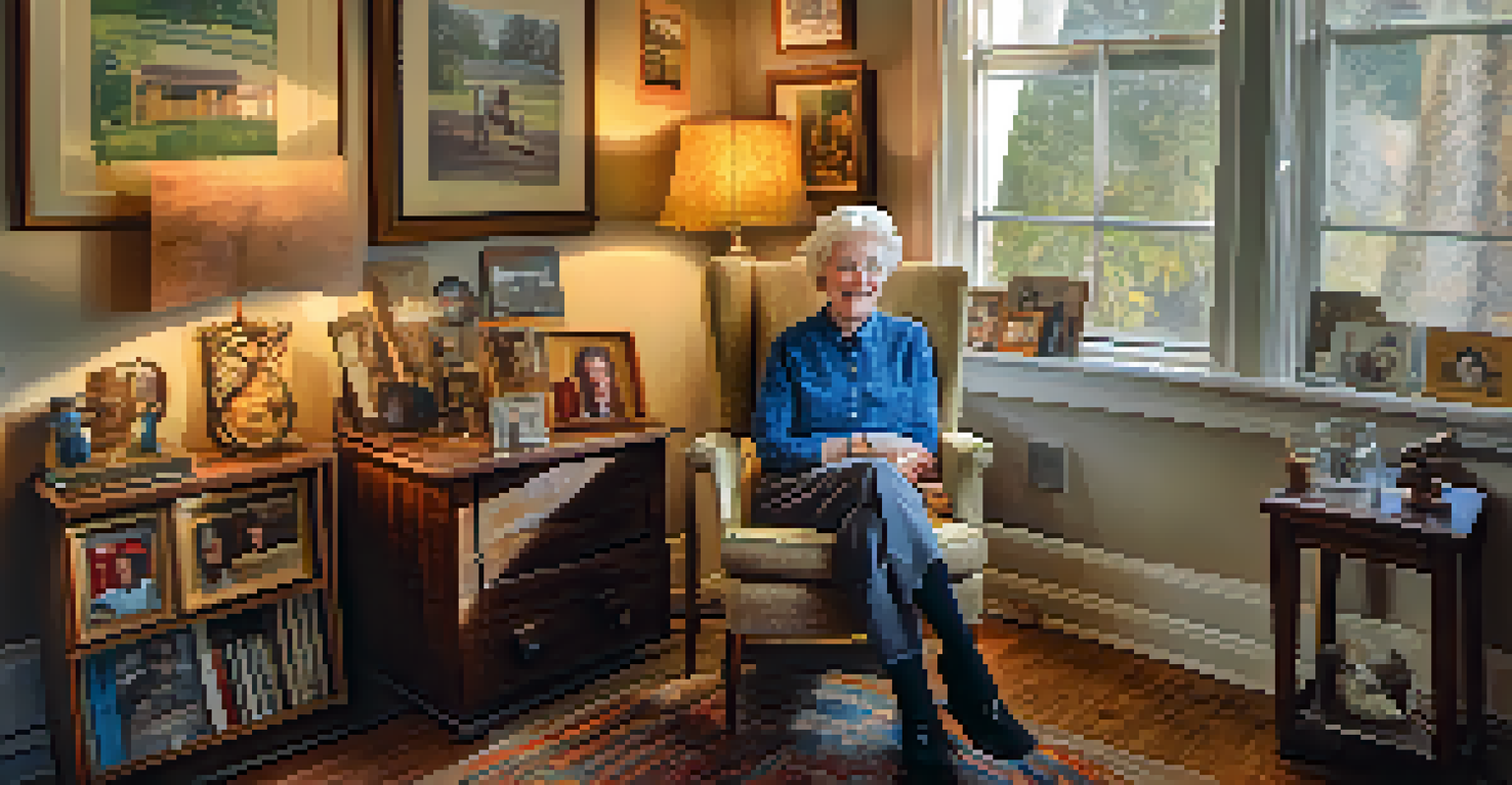 A long-time Phoenix resident sharing their oral history in a cozy room filled with family memorabilia, with warm natural light illuminating the scene.
