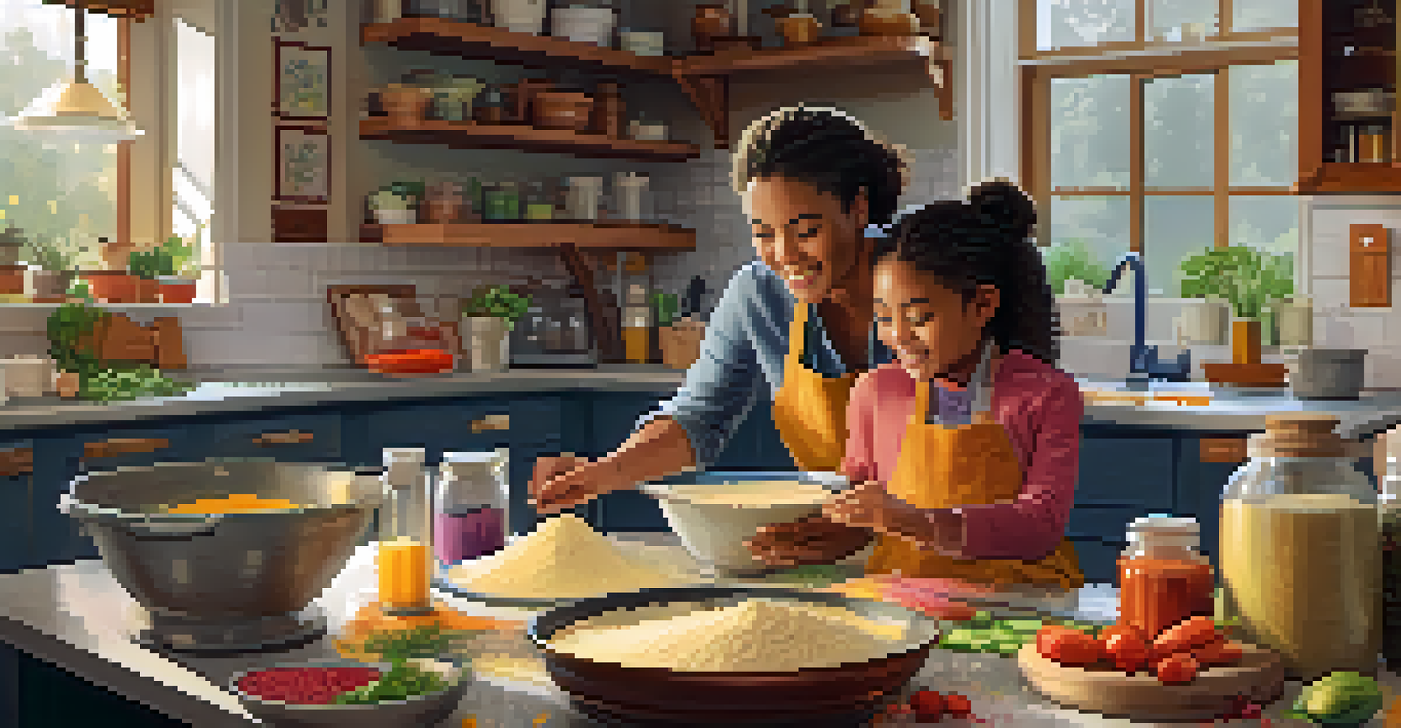 A parent and child happily cooking together in a warm kitchen, surrounded by vibrant ingredients and a sense of family bonding.