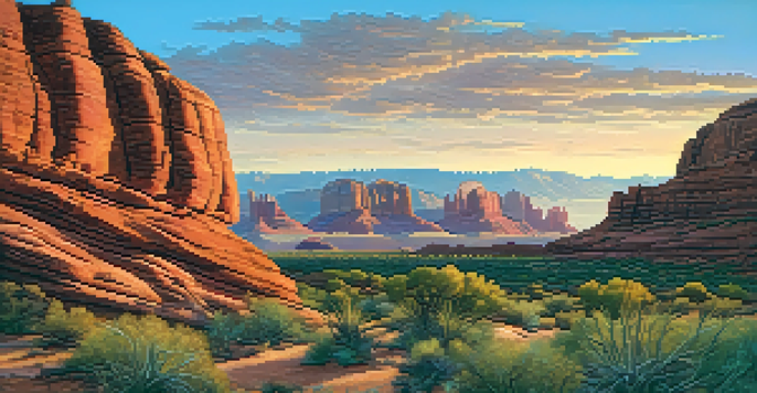 A panoramic view of Red Rock Country at sunset with orange and pink colors lighting up red rock formations.