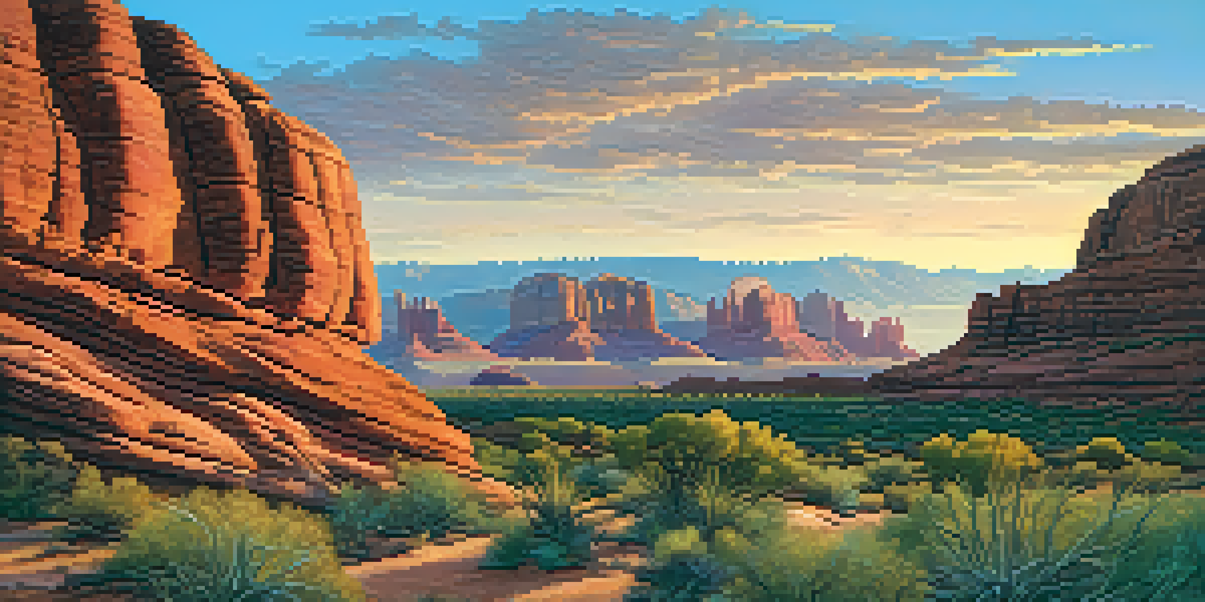 A panoramic view of Red Rock Country at sunset with orange and pink colors lighting up red rock formations.