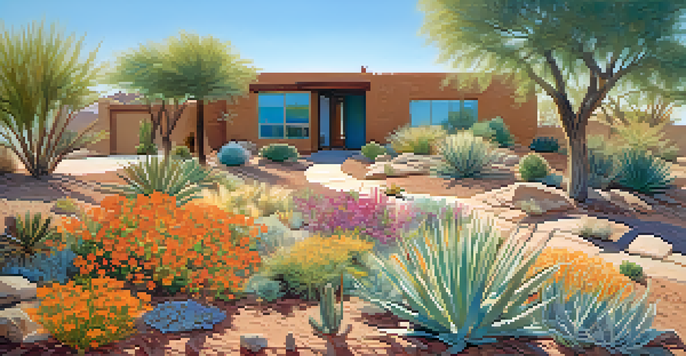 A colorful garden in Phoenix with various desert plants and a layer of organic mulch, under a clear blue sky.